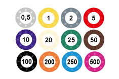 Обширный ассортимент ценовых маркеров для цветных фишек на столах для американской рулетки. Выбор из 12 номиналов от 0.5 до 500 в наличие на складе.