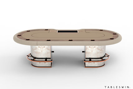 <b>POKER TABLE</b> from Gambler collection is designed for poker rooms and Texas Hold'em card games between players. The table top is crafted from covered plywood and table base is joined with a brass chrome copper footrest for player leg comfort.