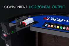 New MDX™ baccarat multi-deck shuffler with capacity to shuffle 1 to 10 decks, horizontal card delivery, and deck integrity checking system to safeguard players