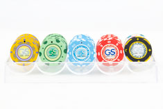 Quality casino grade poker chips with customized decal, wide choice of glitter design features and chip diameters. Benefit from additional security with UV marks.