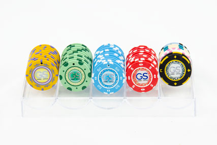 Quality casino grade poker chips with customized decal, wide choice of glitter design features and chip diameters. Benefit from additional security with UV marks.