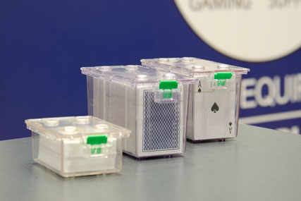 Sealable storage vault cartridges with lid & capacity to hold up-to 8 decks of playing cards. Made from strong clear plastic, used for secure storage & transportation of casino playing cards.