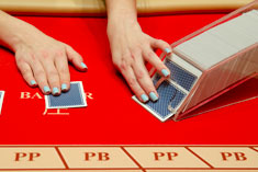 Прозрачный шуз для раздачи карт на Баккаре вмещает до восьми колод и использует толкатель карт для плотного прижимания к носику.