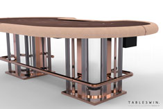 <b>BACCARAT TABLE</b> from VENICE collection is beatifully crafted for baccarat and punto banco card games. The table top accomodates up to nine players, and table base is joined with a brass chrome copper footrest for player leg comfort.